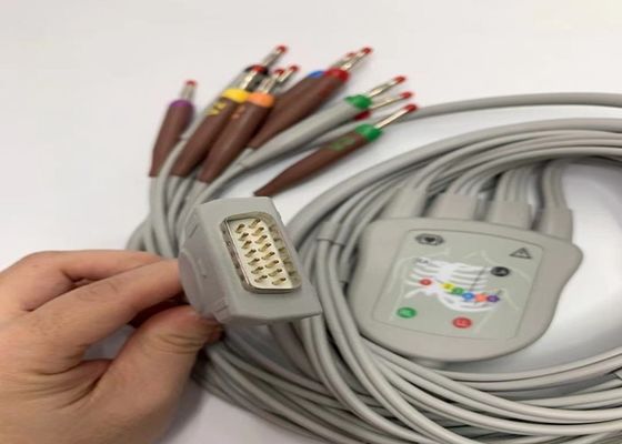 Grey 10 Lead ECG Kabel Dengan 15 Pin US Standar Pisang Konektor 4.0
